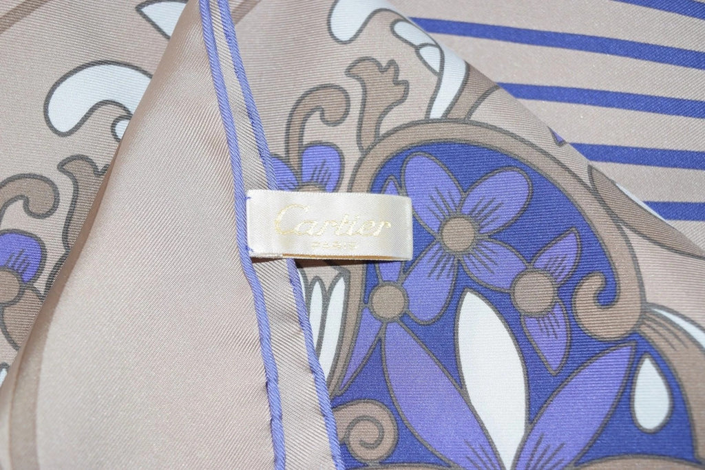 must de Cartier Scarf Panther Floral Silk 87 cm Purple Leopard Flower Shawl Foulard YA7577