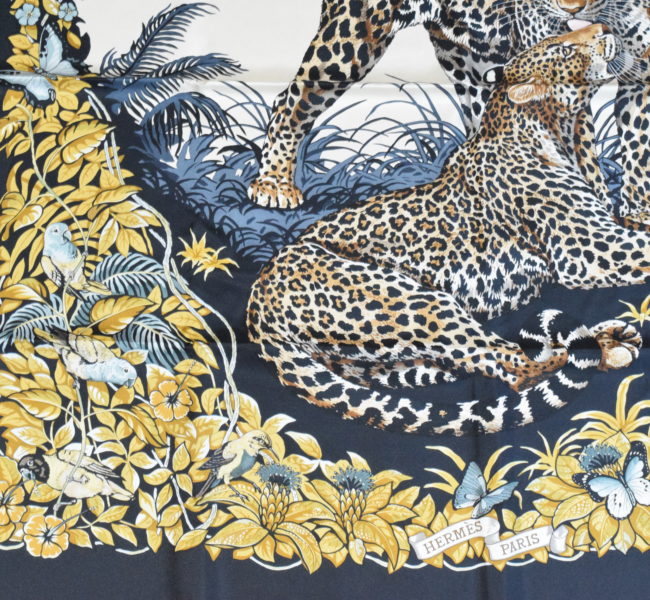 Hermes Scarf Jungle Love Black Robert Dallet Silk 90 cm Animal Leopard ...