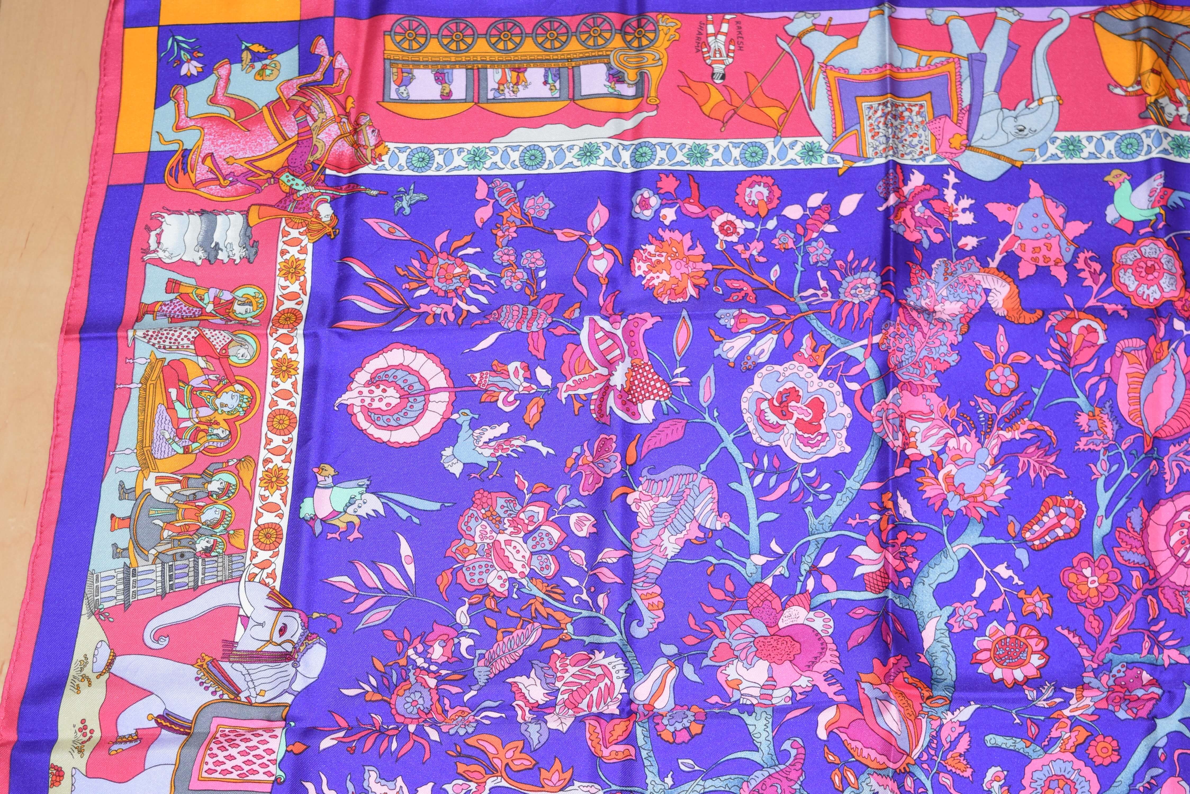 Hermes Scarf Fantaisies Indiennes 90cm Silk Blue Purple camel Carre ...