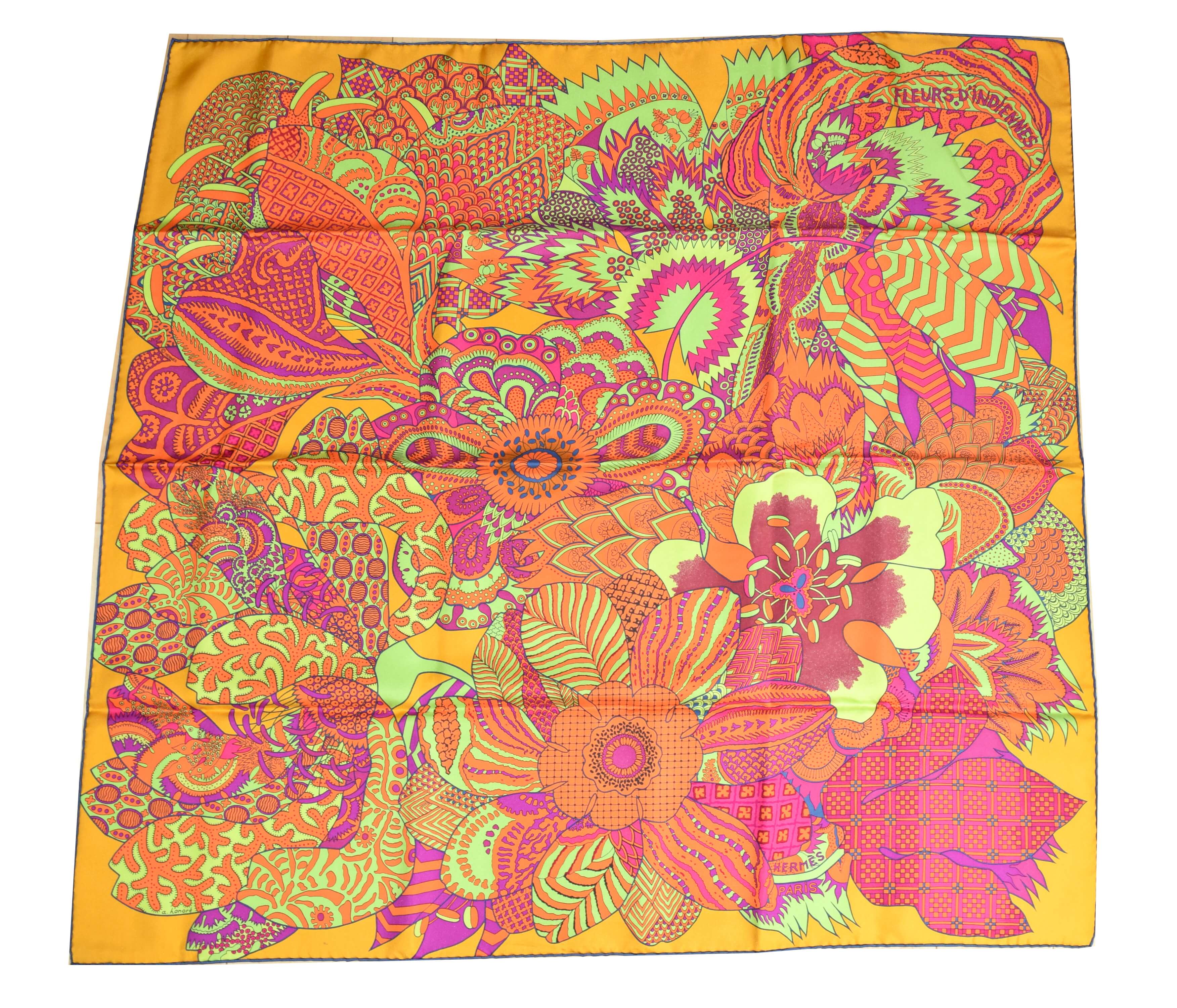 Hermes Scarf Fleurs d'Indiennes by Aline Honore 90cm Silk Yellow Red ...