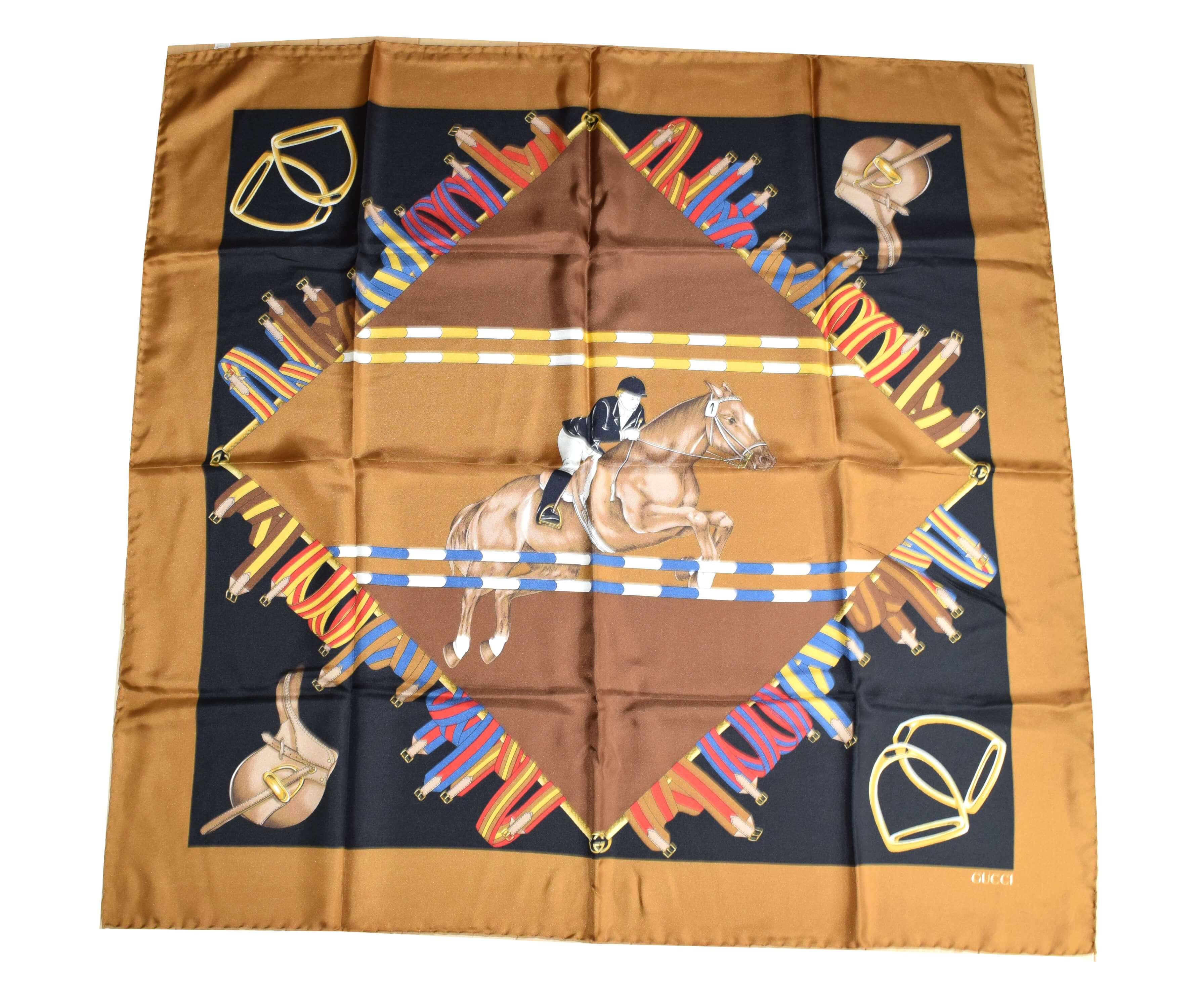 Gucci Vintage Scarf Horse riding 87 cm Silk Brown 34