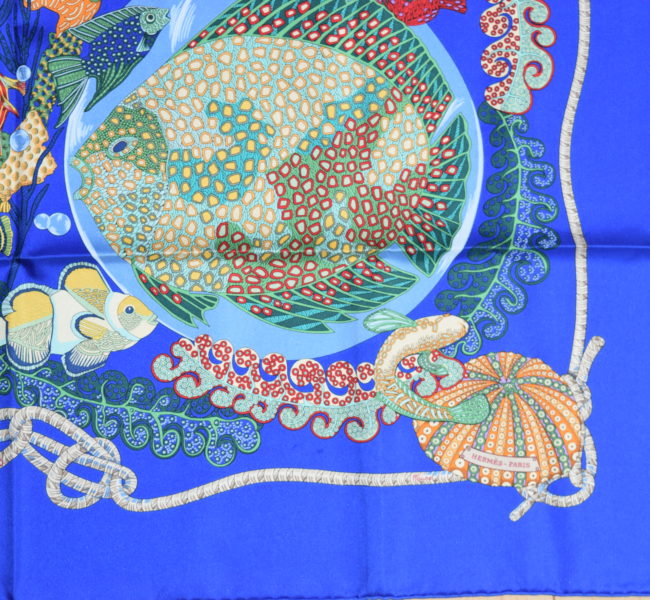 Hermes Scarf GRANDS FONDS Silk 90 cm Sea Fish Blue Carre YASHO20090 ...