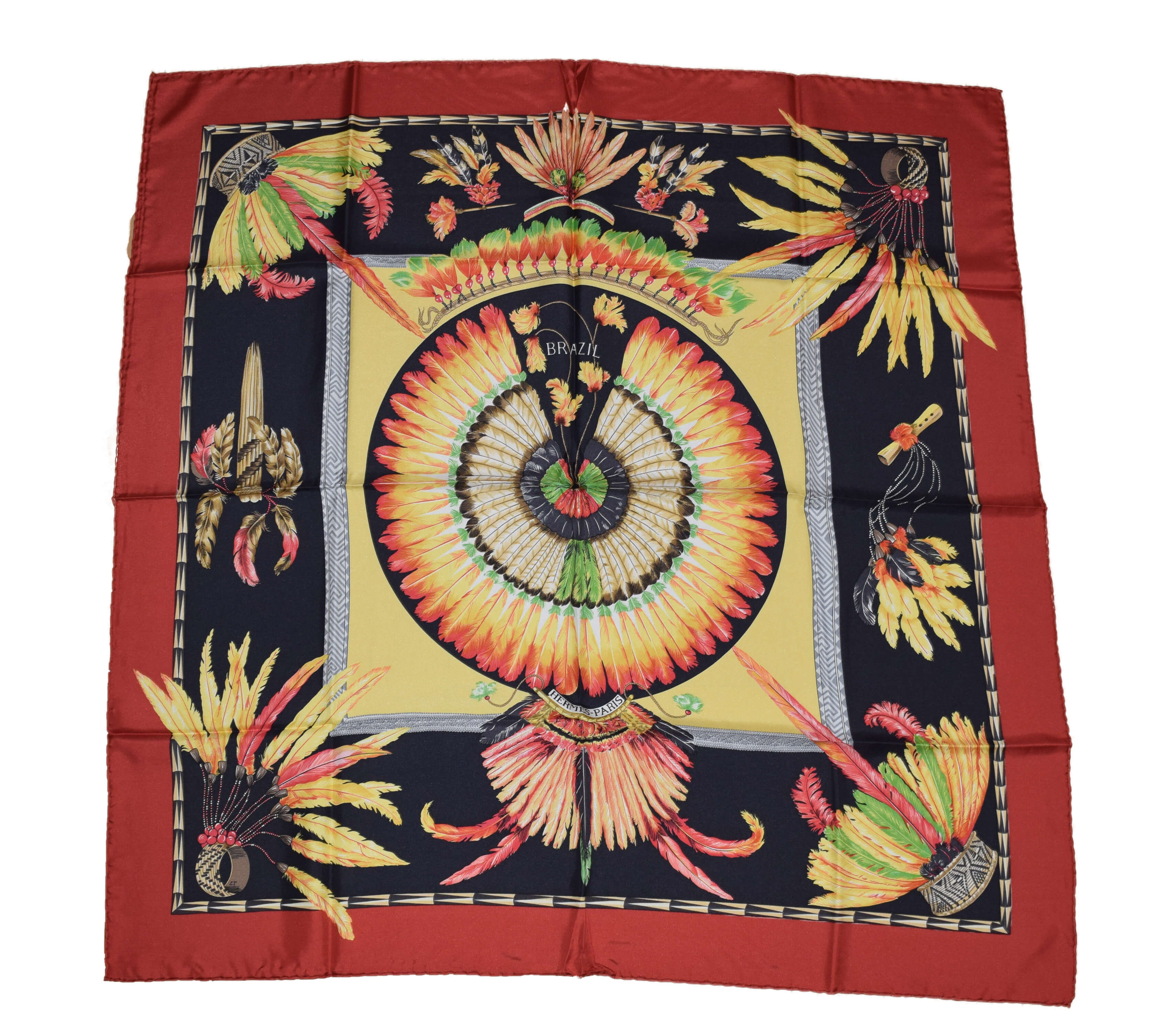 Hermes Scarf BRAZIL by Laurence Bourthoumieux Silk 90 cm Red Black 35 ...