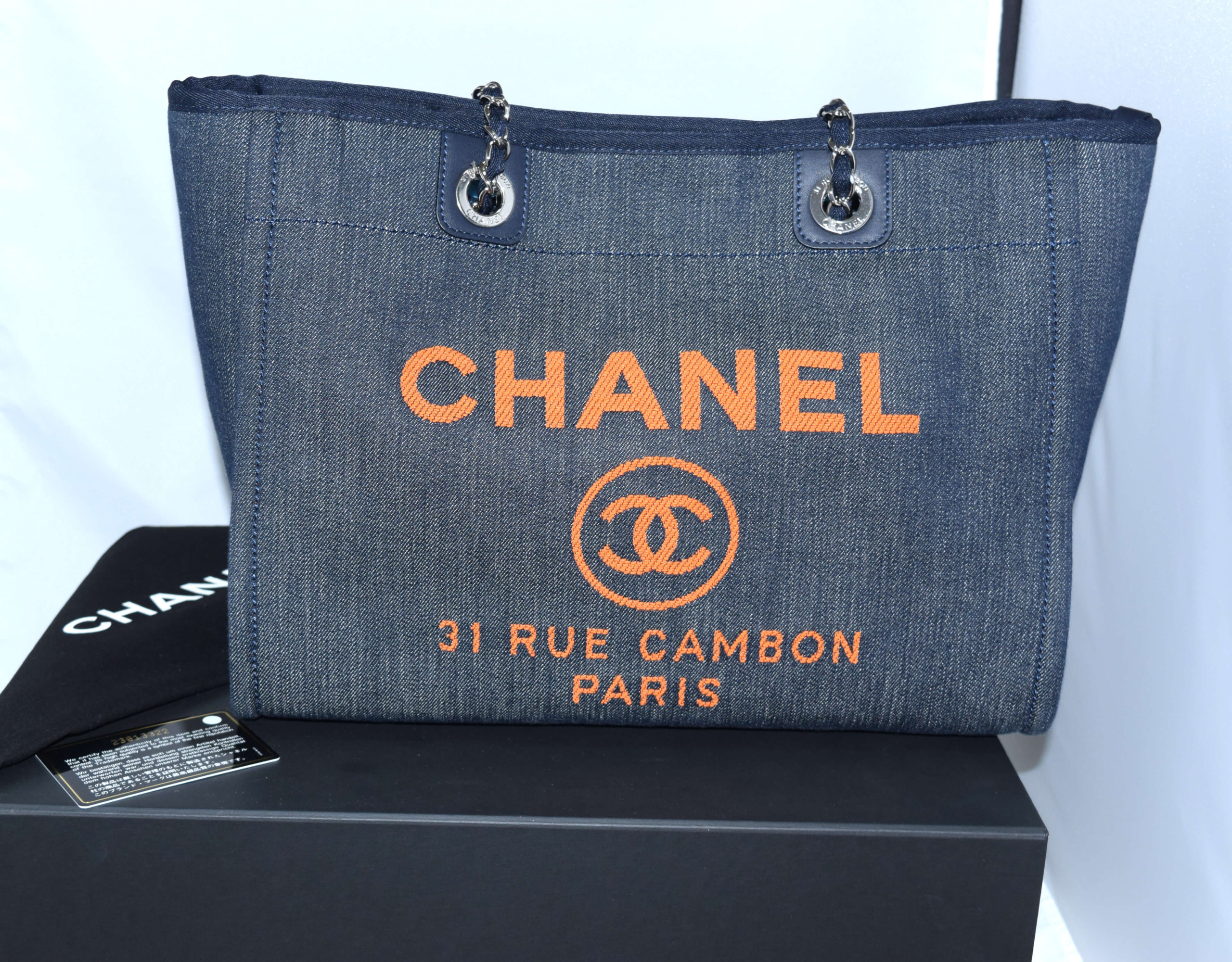 Chanel Deauville Large Denim Shopping Tote Bag Dark Blue