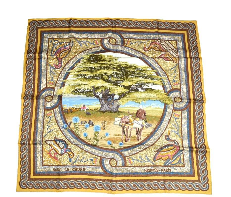 Hermes Scarf SOUS LE CEDRE Silk 90 cm Yellow Carre Shawl Africa 35 ...