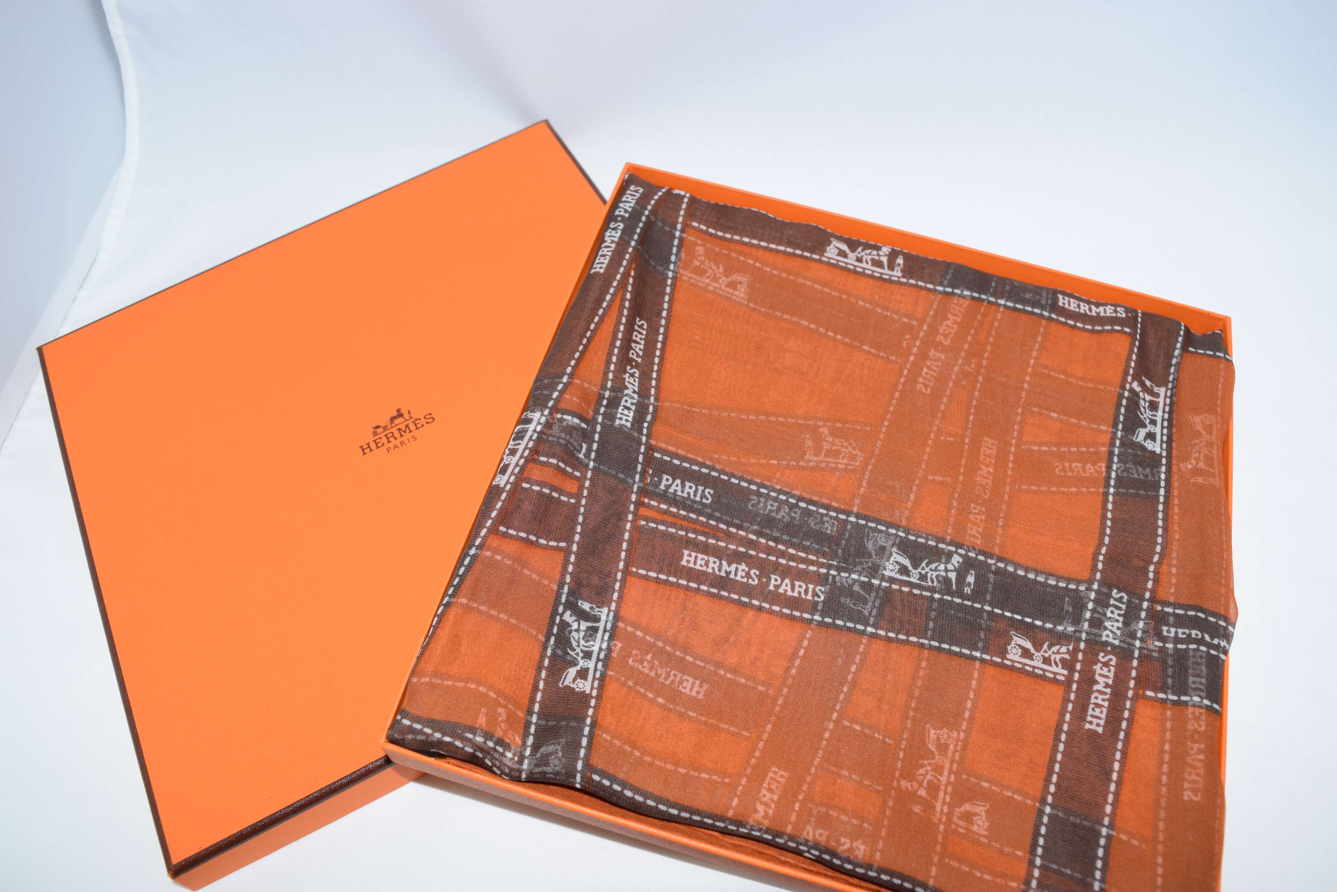 Hermes Scarf Bolduc 140 cm Chiffon Silk muslin Ribbon Orange Shawl ...