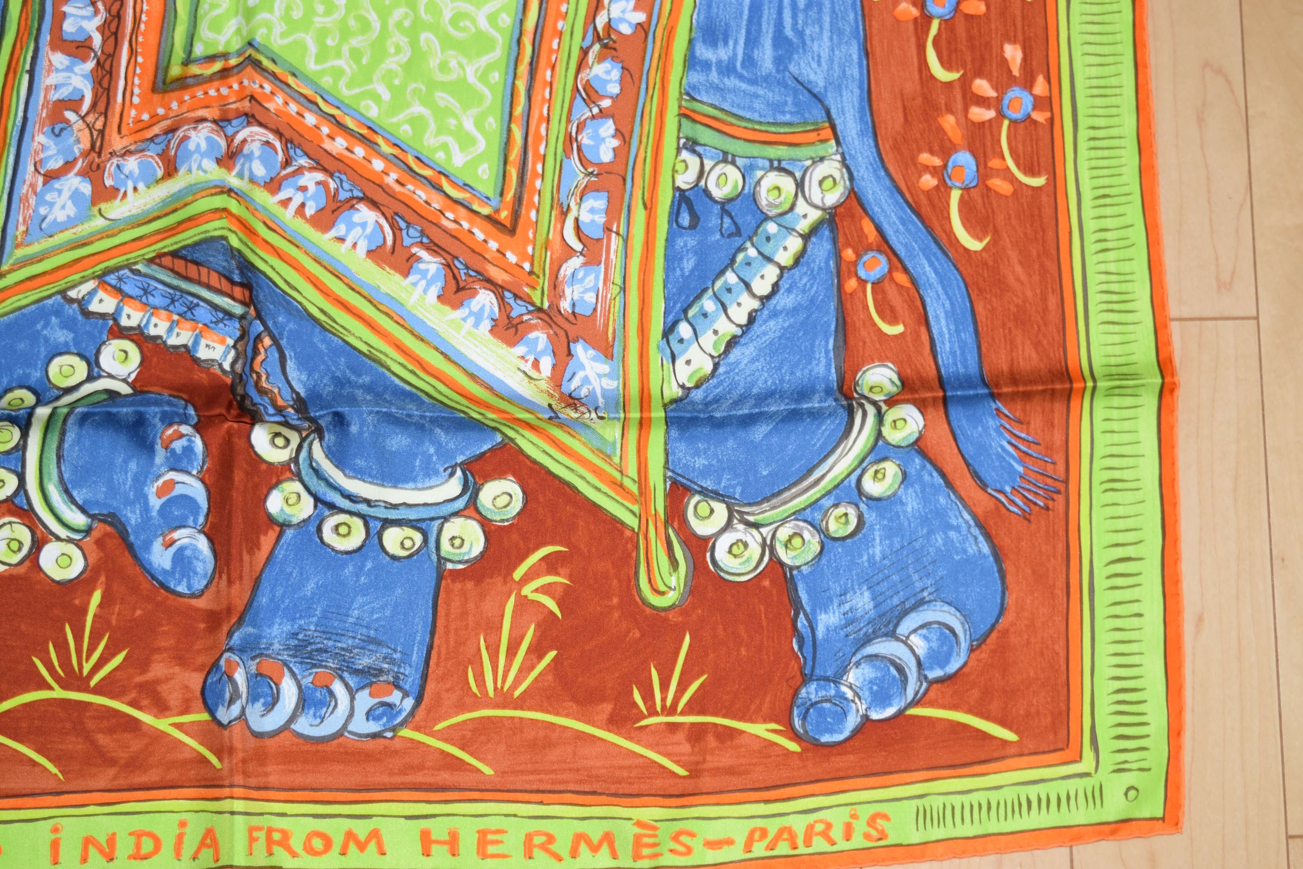 Hermes Scarf Beloved India 90 cm Silk Green orange Elephant Carre 35 ...