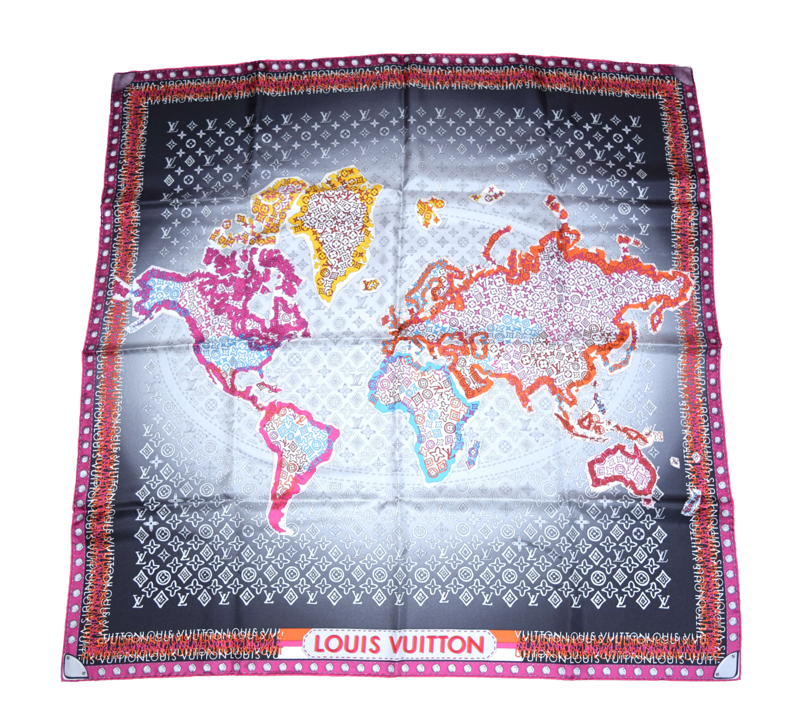 Louis Vuitton Scarf World Map 86 cm Monogram Silk 34” inch Gray Purple YA2