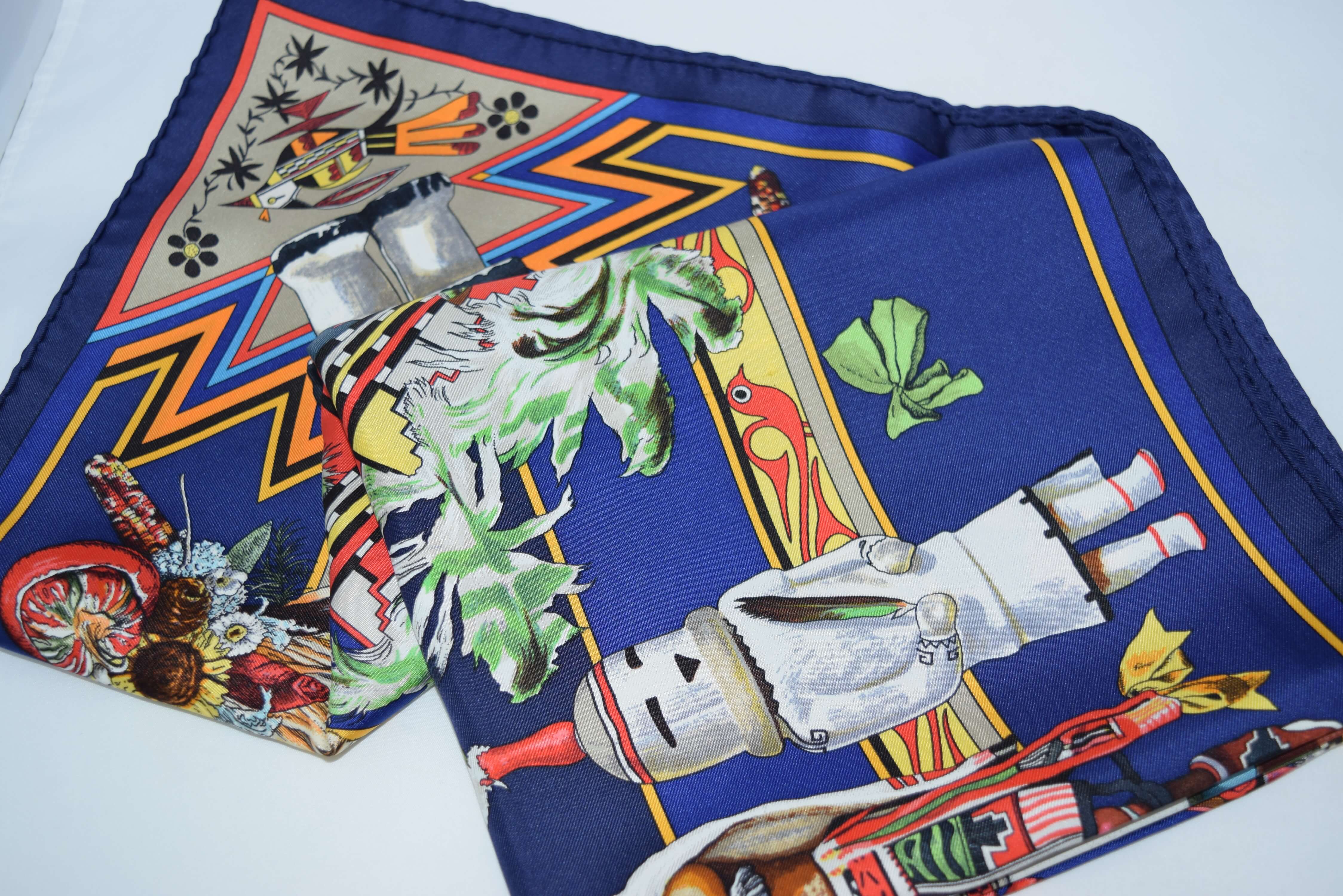 Hermes Scarf Kachina by Kermit Oliver 90 cm Silk Blue Carre 35