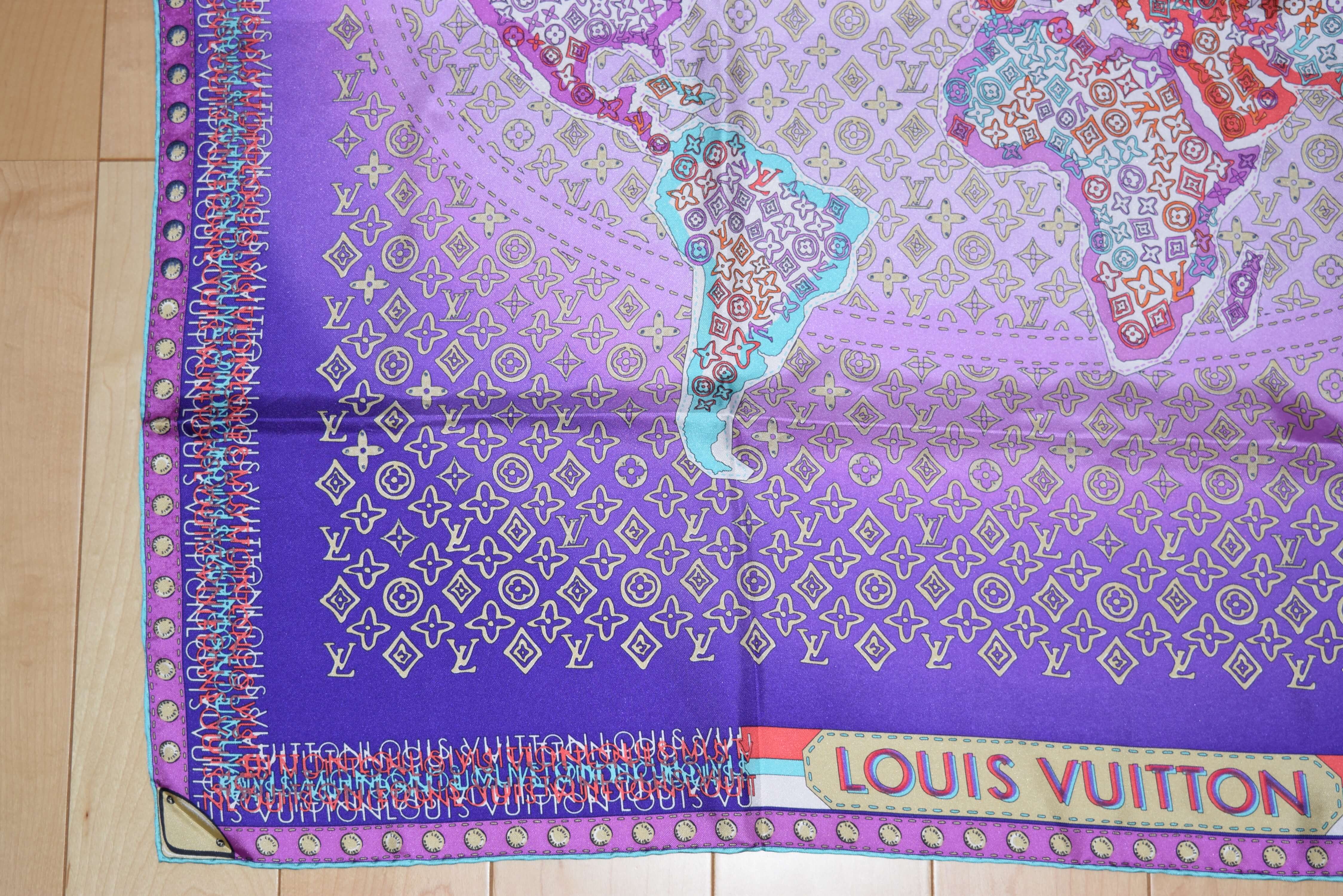 Louis Vuitton Blue/Purple/Grey Square Silk Monogram Map Scarf