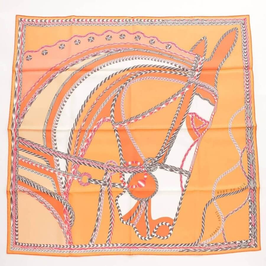 Hermes Scarf ROBE DU SOIR 90 cm Silk Orange Horse Carre 35