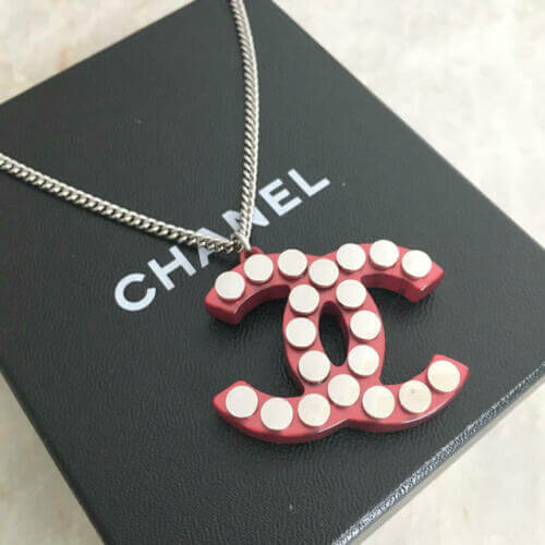 CHANEL Pendant Necklace Big CC Logo Red Silver studs 05P