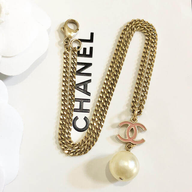 CHANEL Pendant Necklace CC Logo pink Gold drop Pearl 07C 072