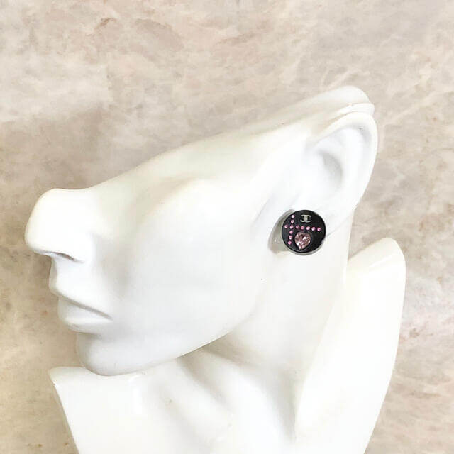 Chanel Earrings round black pink Heart Rhinestone CC Logo 112