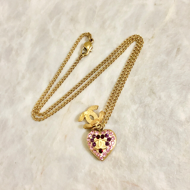 CHANEL Pendant Necklace Gold Heart pink Rhinestone CC Logo 02P 303