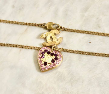 CHANEL Pendant Necklace Gold Heart pink Rhinestone CC Logo
