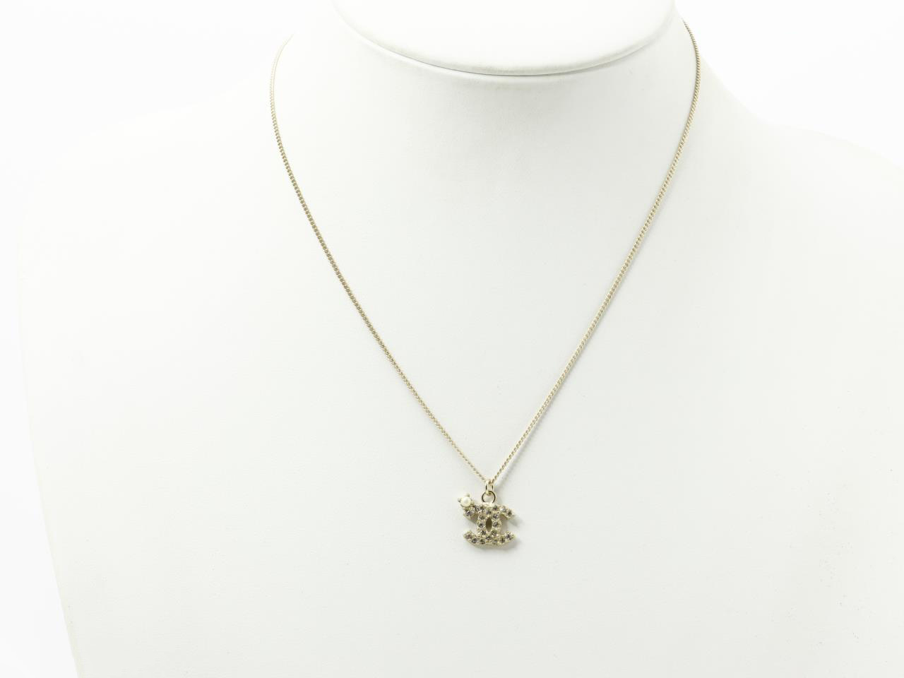 CHANEL Pendant Necklace CC Logo light Gold baby pearl silver rhinestone 09A  w/ Box