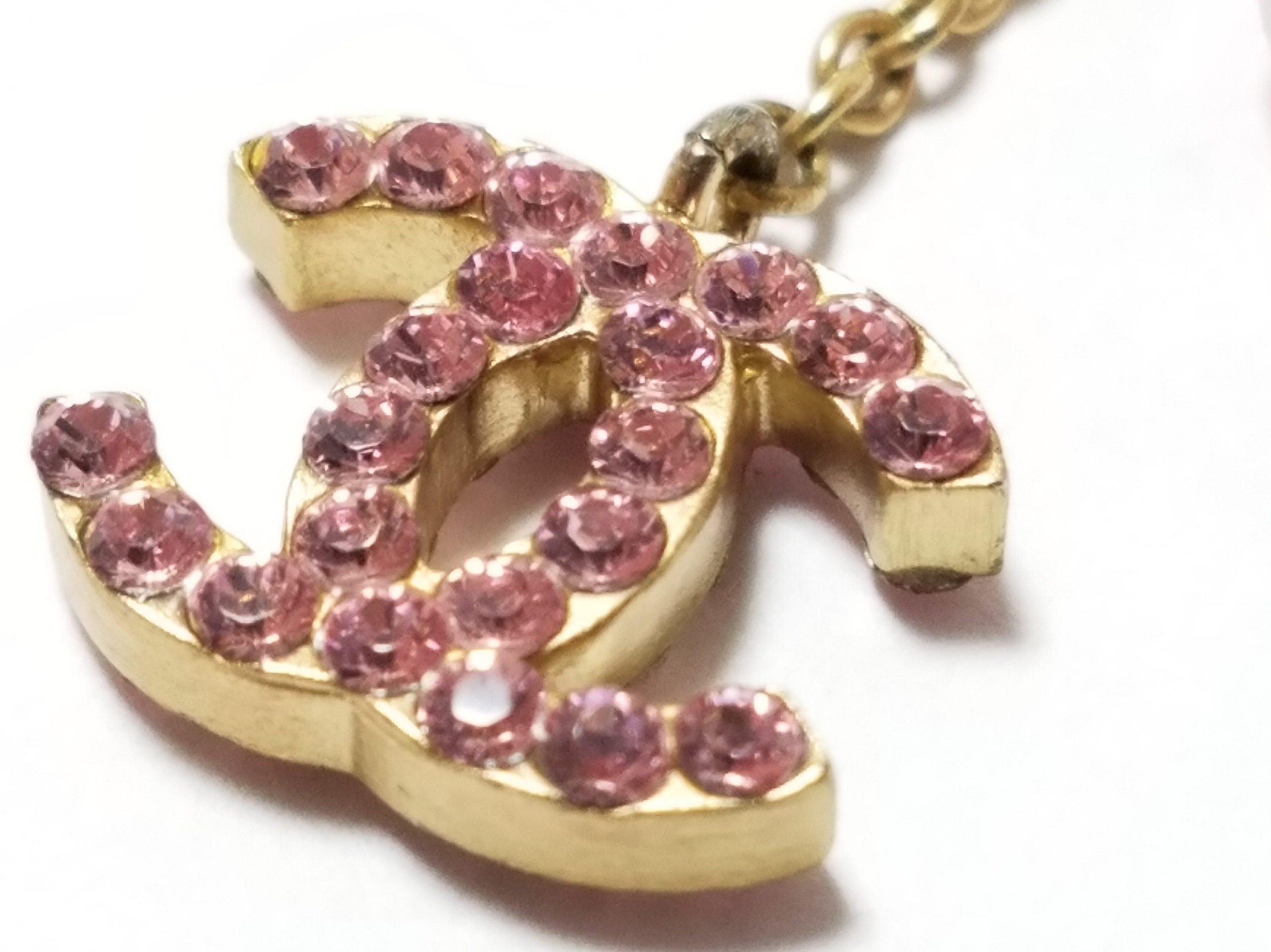 CHANEL Pendant Necklace Gold CC Logo stone pink rhinestone 07P Ex