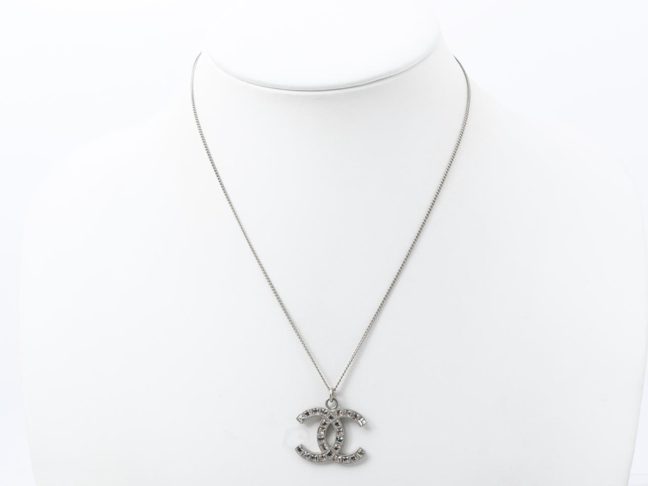 CHANEL Pendant Necklace silver square rhinestone CC Logo B12P w