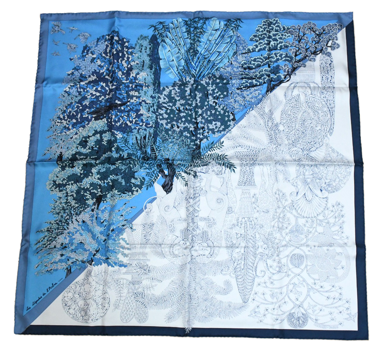 Hermes Scarf Les legendes de l'Arbre Coloriage Silk 90 cm blue legend tree  Carre