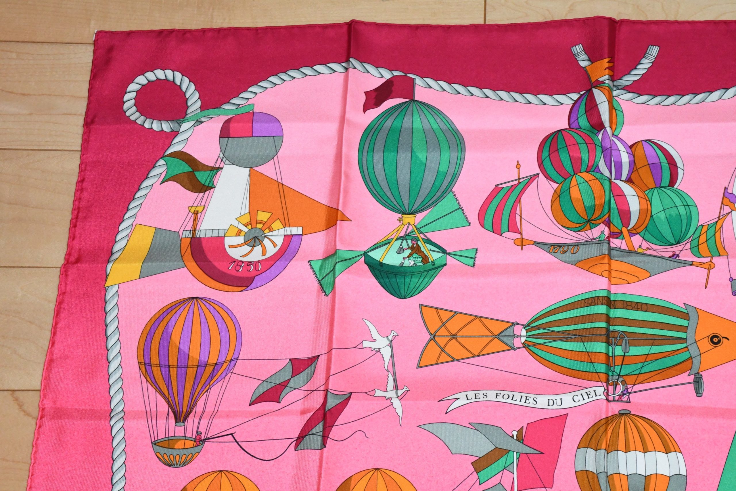Hermes Scarf Les Folies du Ciel 90 cm silk pink air balloon ship Carre 35  – art Japan Export