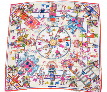 Hermes Carre Wash Scarf Kachina by Kermit Oliver 90 cm silk native white pink