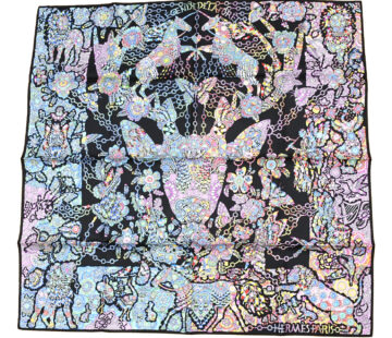 Hermes Scarf La Legende de la Foret 90 cm silk black yellow legend forest deer Carre 35"