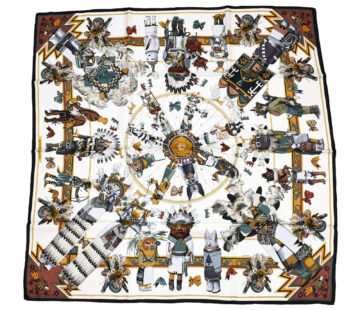Hermes Scarf Kachina by Kermit Oliver 90 cm silk native white Carre 35" 082