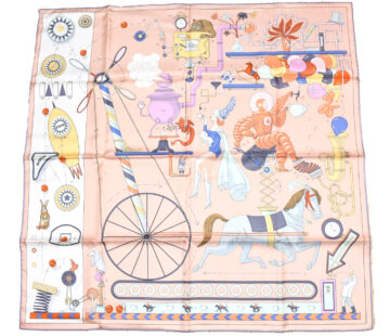 Hermes Scarf Tea for Two 90 cm silk light pink beige Carre horse cat 35"