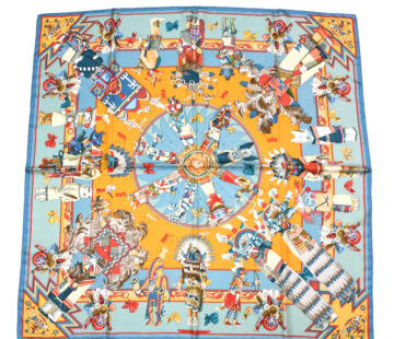 Hermes Scarf Kachina by Kermit Oliver 90 cm silk light blue Carre 35"