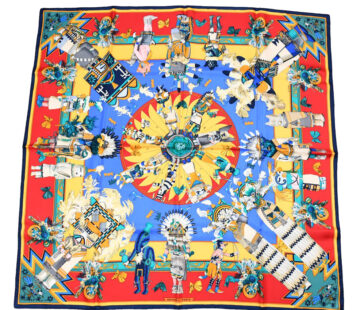 Hermes Scarf Kachina by Kermit Oliver 90 cm silk red yellow Carre 35" 053