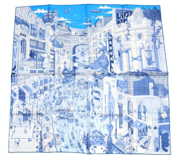 Hermes Scarf Le Grand Prix du Faubourg 90 cm silk blue Carre town 35"