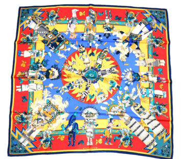 Hermes Scarf Kachina by Kermit Oliver 90 cm silk  red blue Carre 35" 052