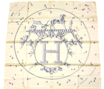 Hermes Scarf Vif Argent by Dimitri Rybaltchenko 90 cm silk light yellow Carre silver drop 35"
