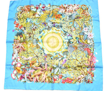 Hermes Scarf Au Coeur de la Vie 90 cm silk blue Carre life tree flower 35"