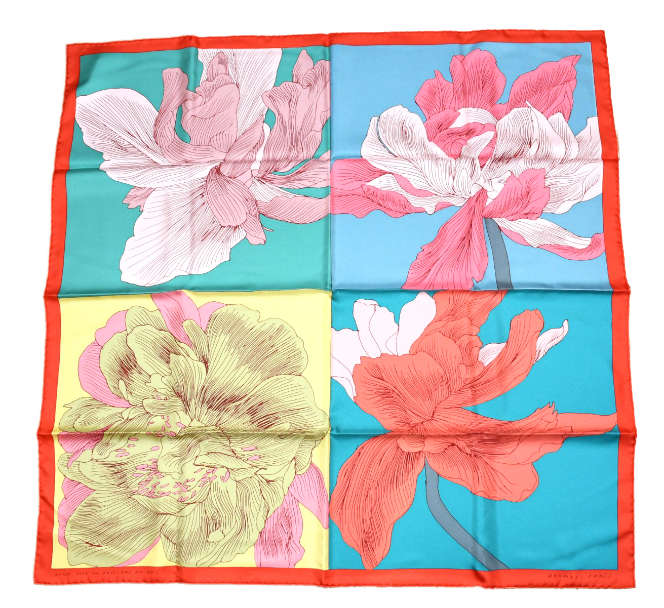 Hermes Scarf Etude Pour Un Iris Arc En Ciel 90 cm silk blue Carre flower 35 AUC35563_1023 (4)