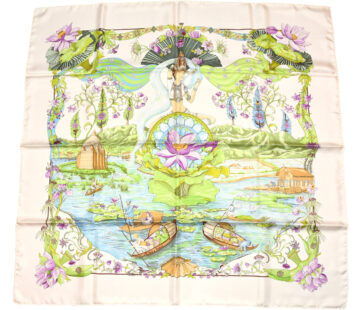 Hermes Scarf Sarasvati by Zoe Pauwels 90 cm silk white cream Carre lotus flower 35"