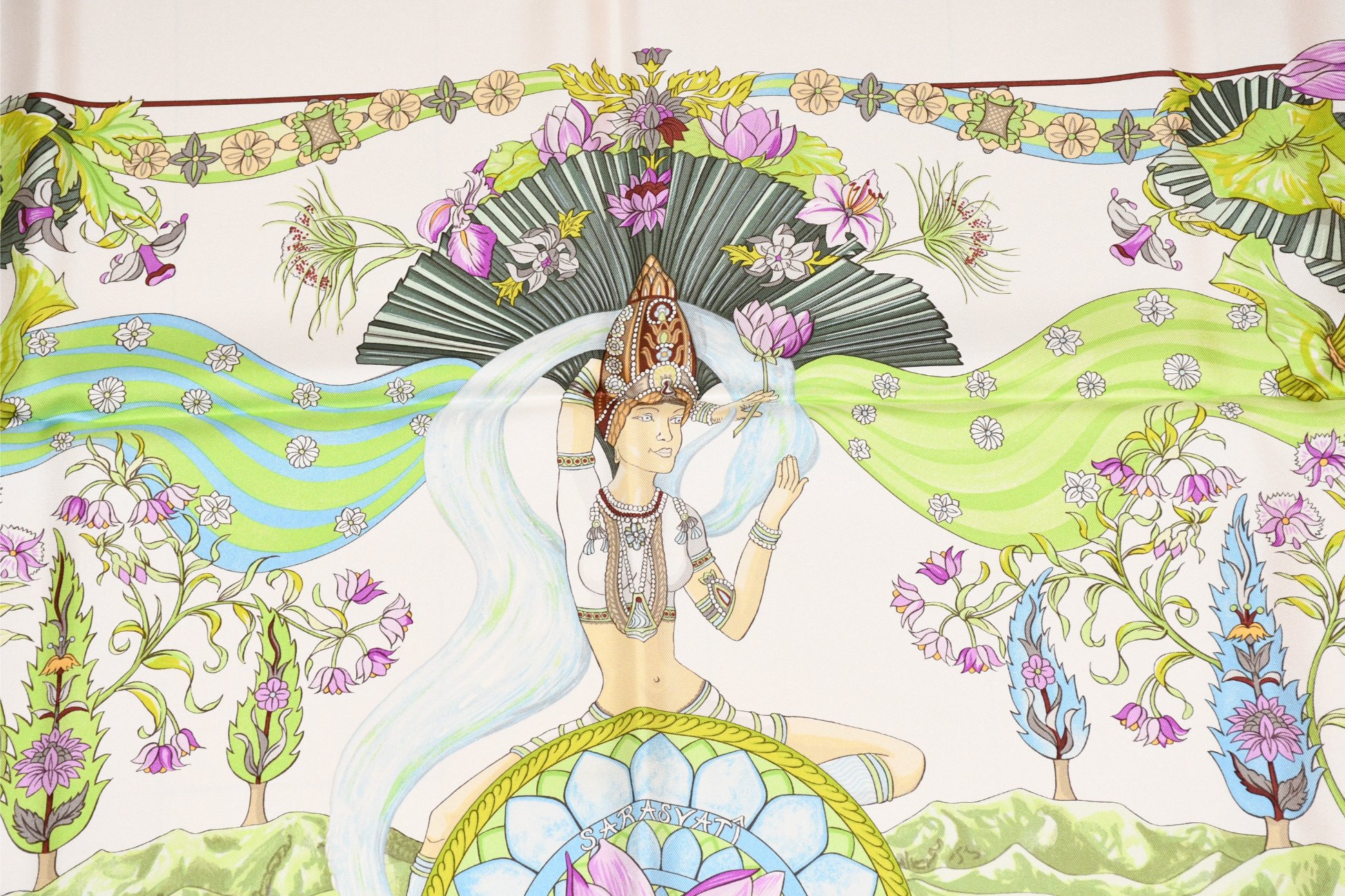 Hermes Scarf Sarasvati by Zoe Pauwels 90 cm silk white cream Carre lotus flower 35 AUC39061_1030 (5)