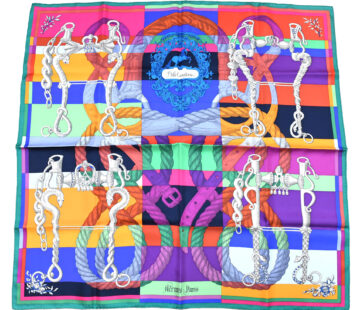 Hermes Scarf Della Cavalleria 90 cm silk purple orange Carre horse bit harness