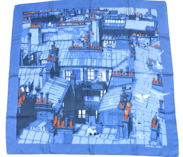 Hermes Scarf Les Toits de Paris 90 cm silk blue Carre townscape 35" USED