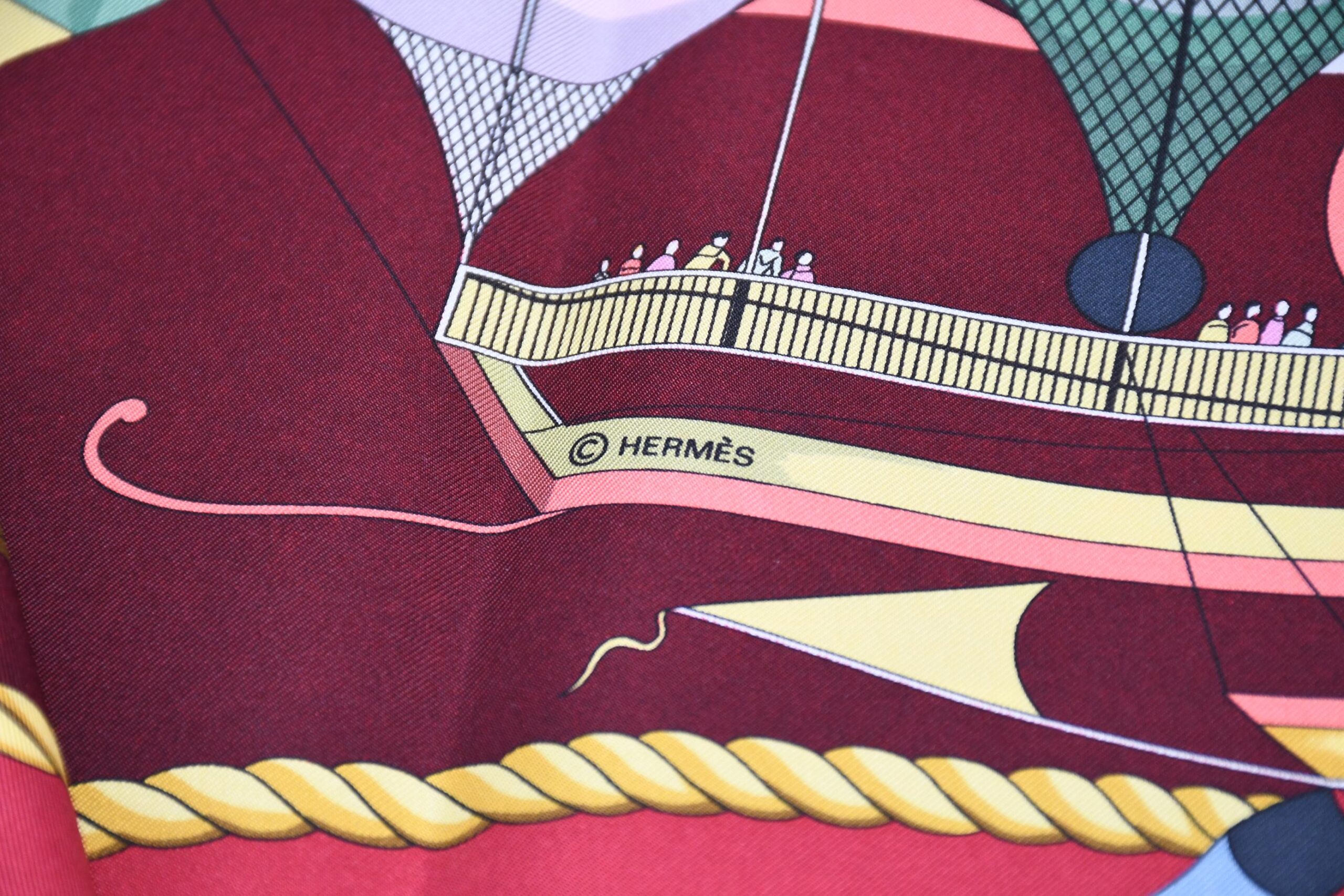Hermes Scarf Les Folies Du Ciel 90 cm silk wine red Carre air balloon ship 35 AUC29150_1121 (3)