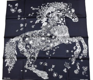 Hermes Scarf Robe Legere 90 cm silk black Carre flower horse 35" New w/ Tag