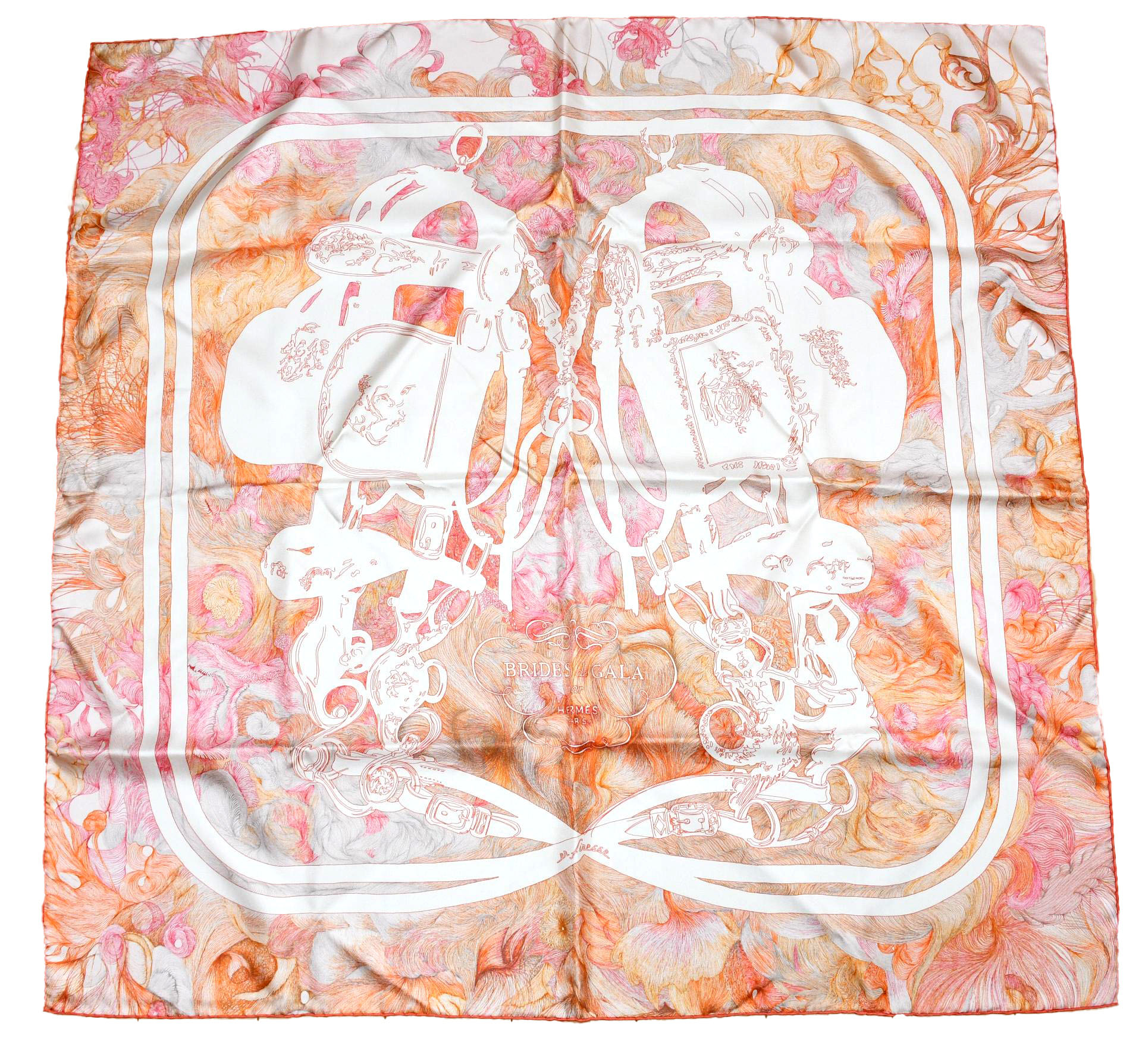 Hermes Scarf Brides de Gala en FINESSE 90 cm silk orange Carre 35 AUC18073_0108 (4)