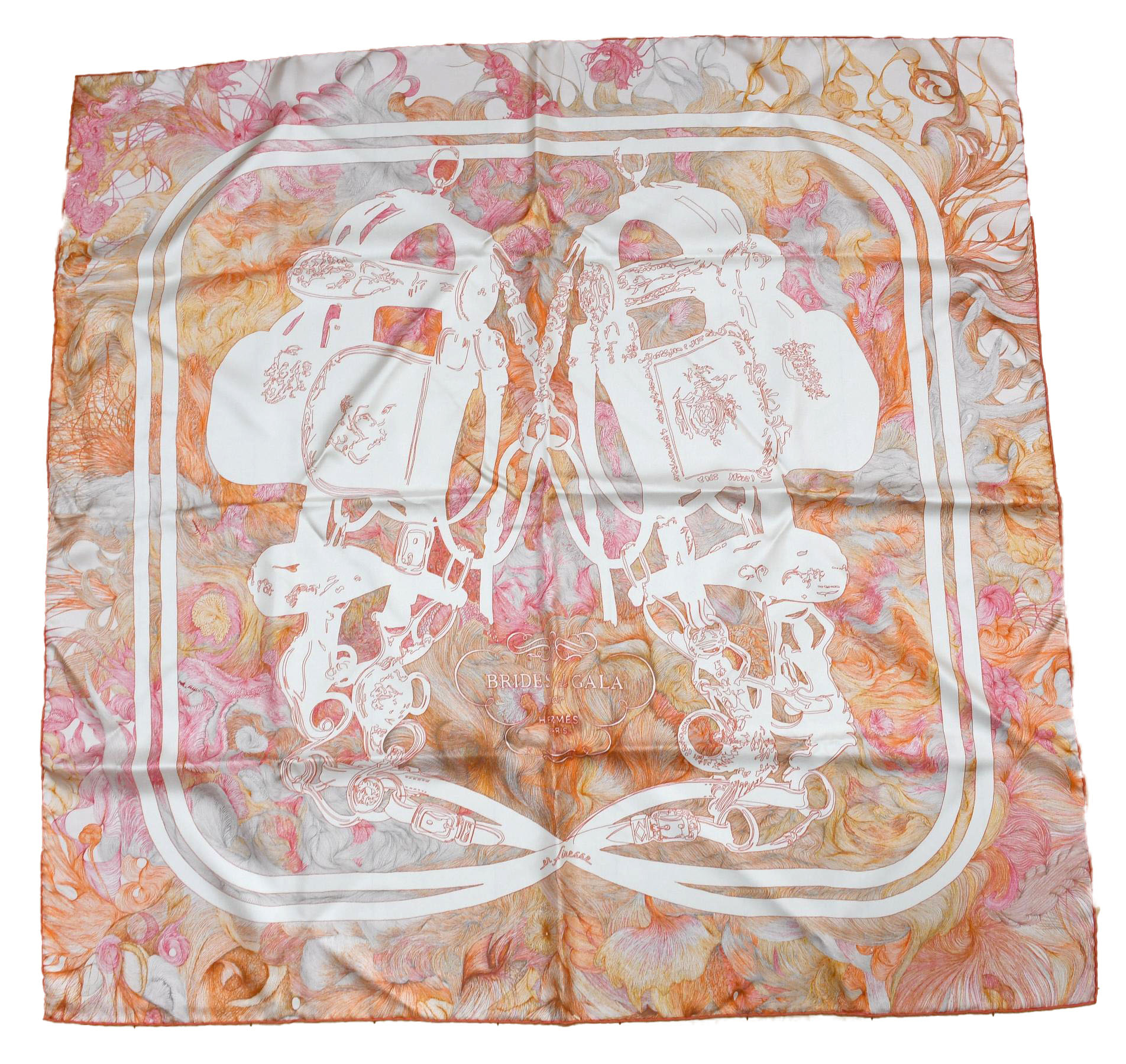 Hermes Scarf Brides de Gala en FINESSE 90 cm silk orange Carre 35 AUC18073_0108 (5)