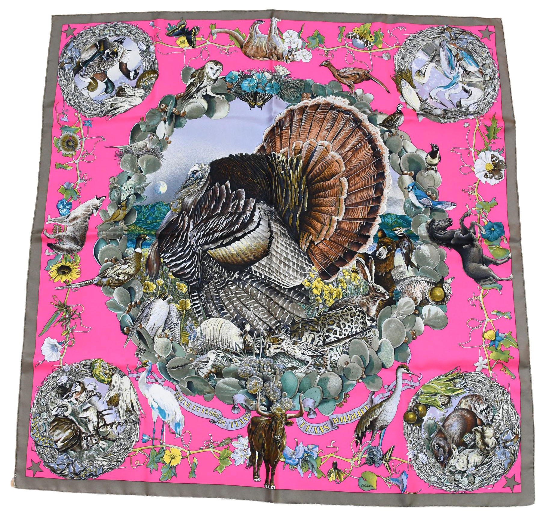 Hermes Scarf Faune Et Flore Du Texas Wildlife 90 cm by Kermit Oliver silk pink gray animal Carre 35 AUC47223_1211 (7)