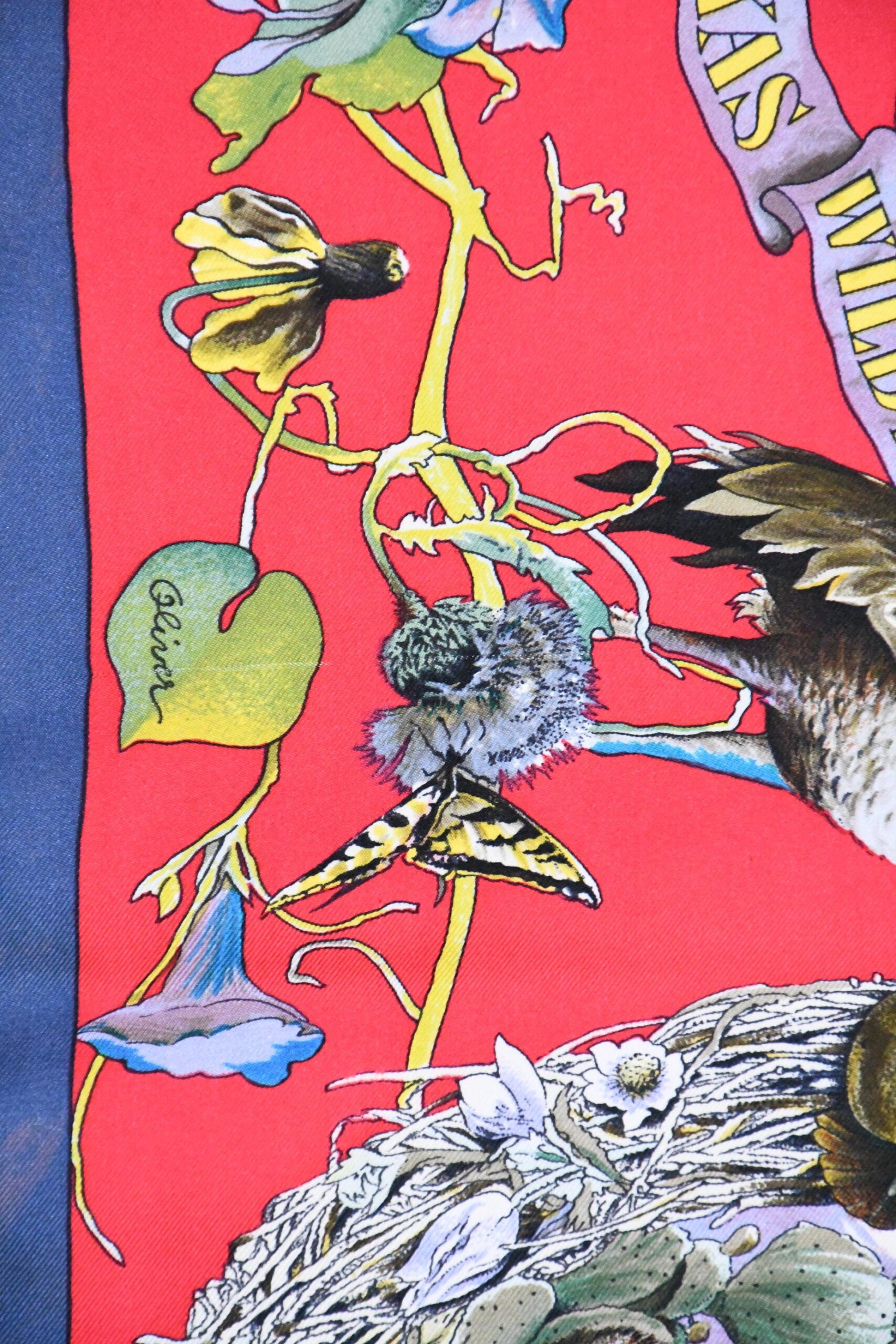 Hermes Scarf Faune Et Flore Du Texas Wildlife 90 cm by Kermit Oliver silk red blue animal Carre 35 AUC22154_0108 (13)