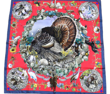 Hermes Scarf Faune Et Flore Du Texas Wildlife 90 cm by Kermit Oliver silk red blue USED