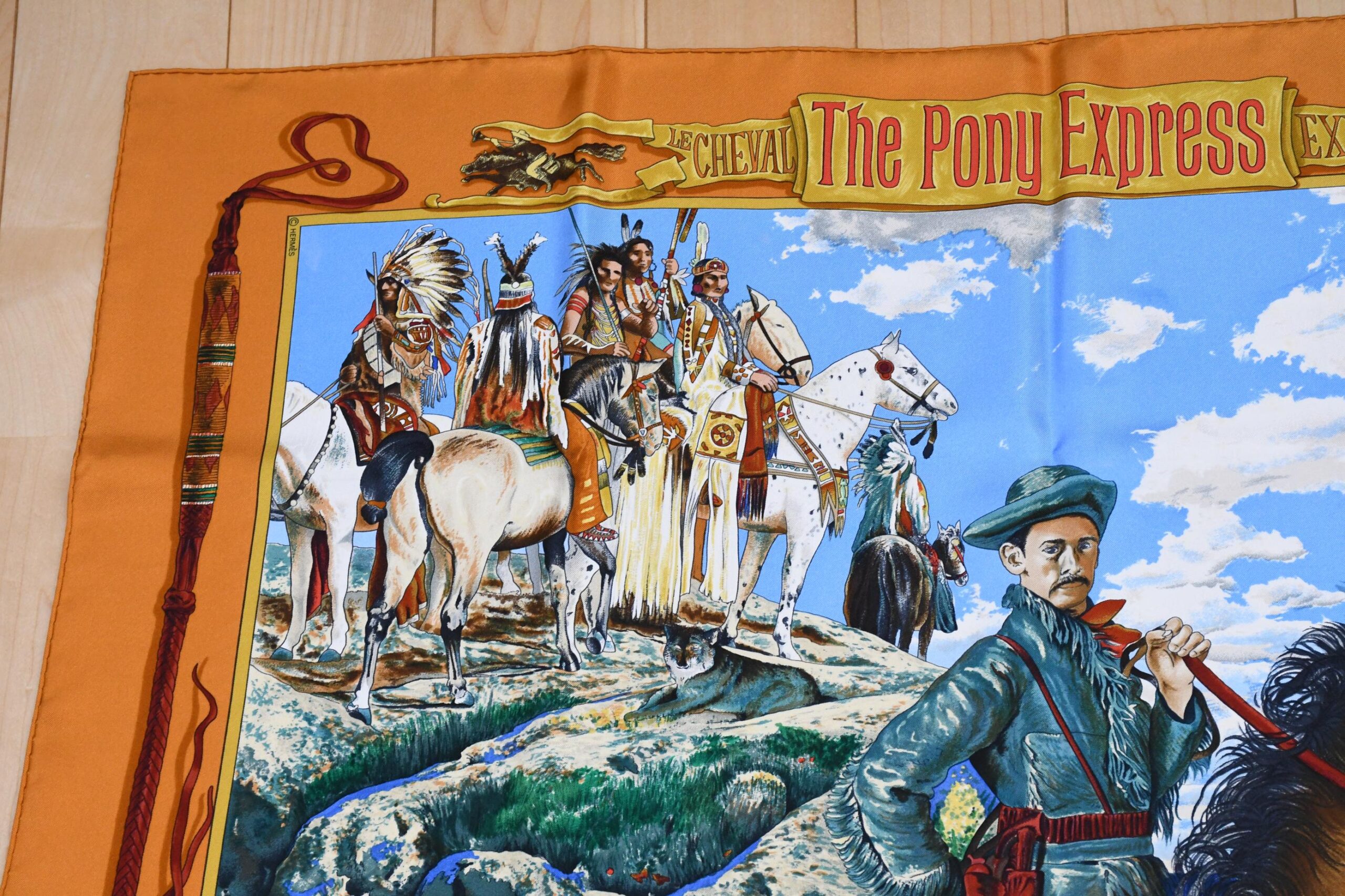 Hermes Scarf The Pony Express by Kermit Oliver 90 cm silk brown camel Carre post 35 APR64215_1202 (11)