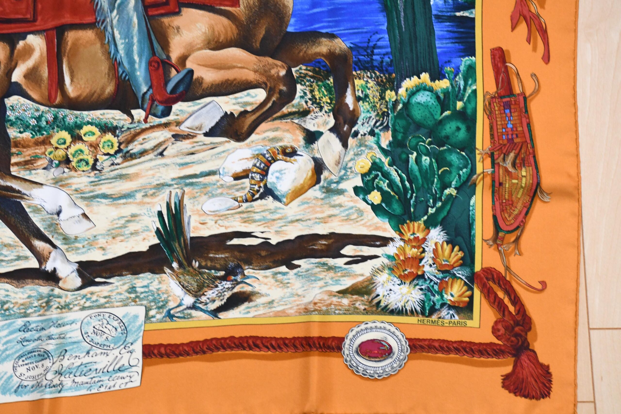 Hermes Scarf The Pony Express by Kermit Oliver 90 cm silk brown camel Carre post 35 APR64215_1202 (13)