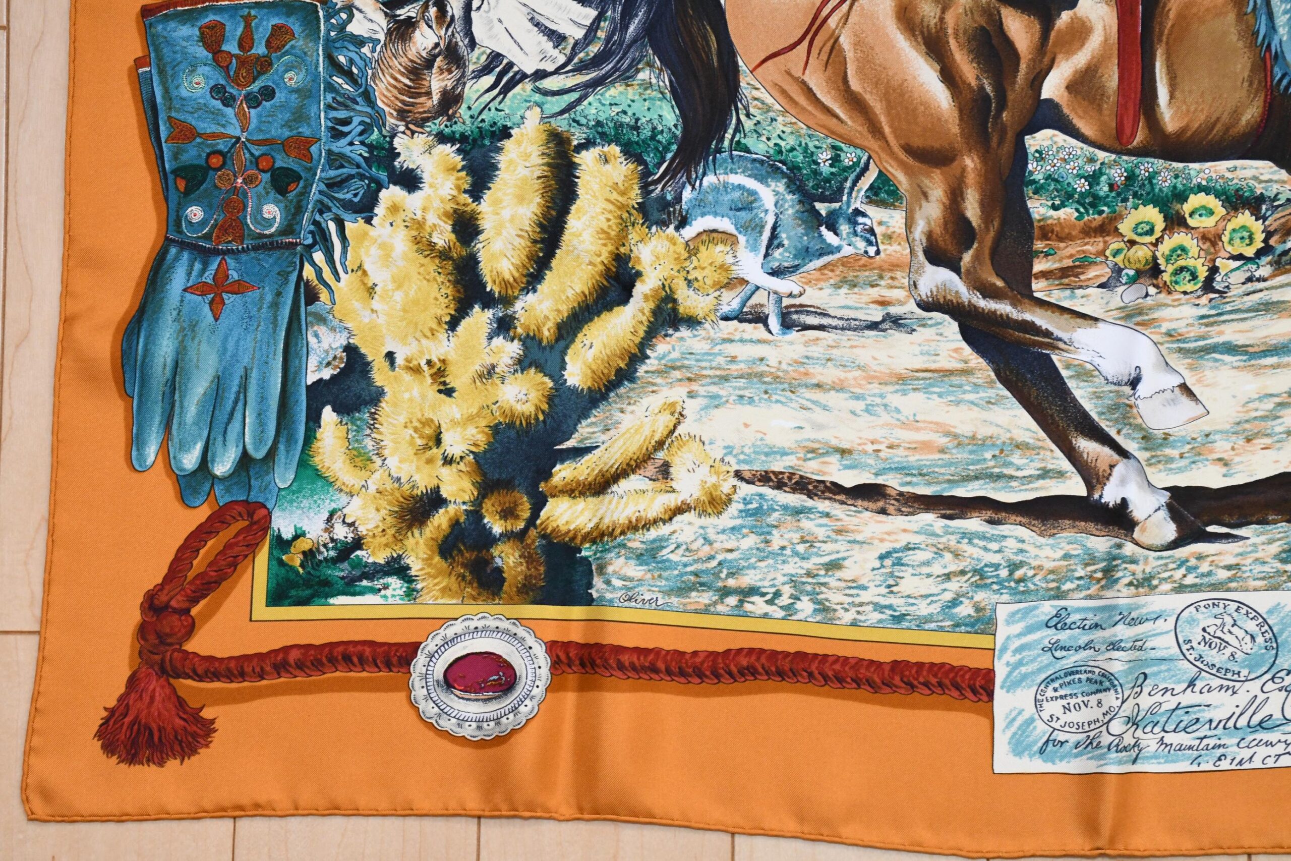 Hermes Scarf The Pony Express by Kermit Oliver 90 cm silk brown camel Carre post 35 APR64215_1202 (14)